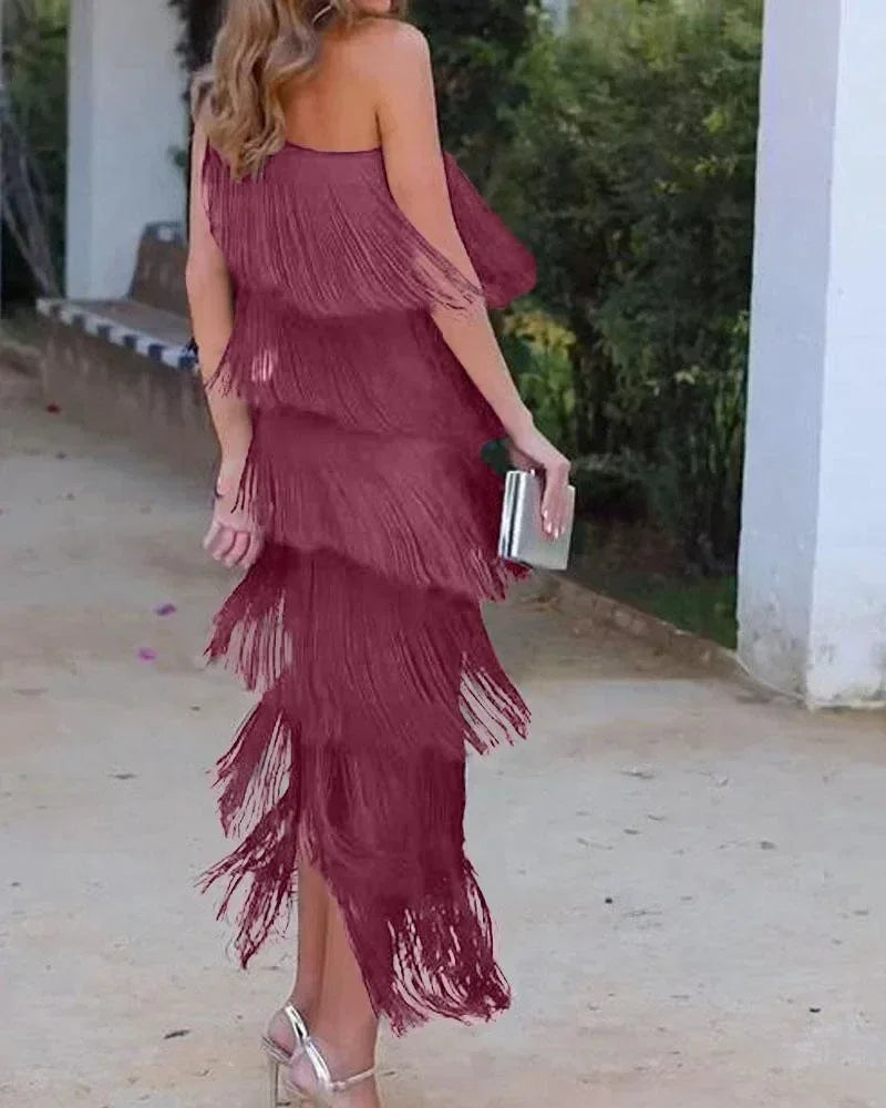 Robe asymétrique à franges, épaule dénudée, nouvelle collection Printemps-Été pour femme
