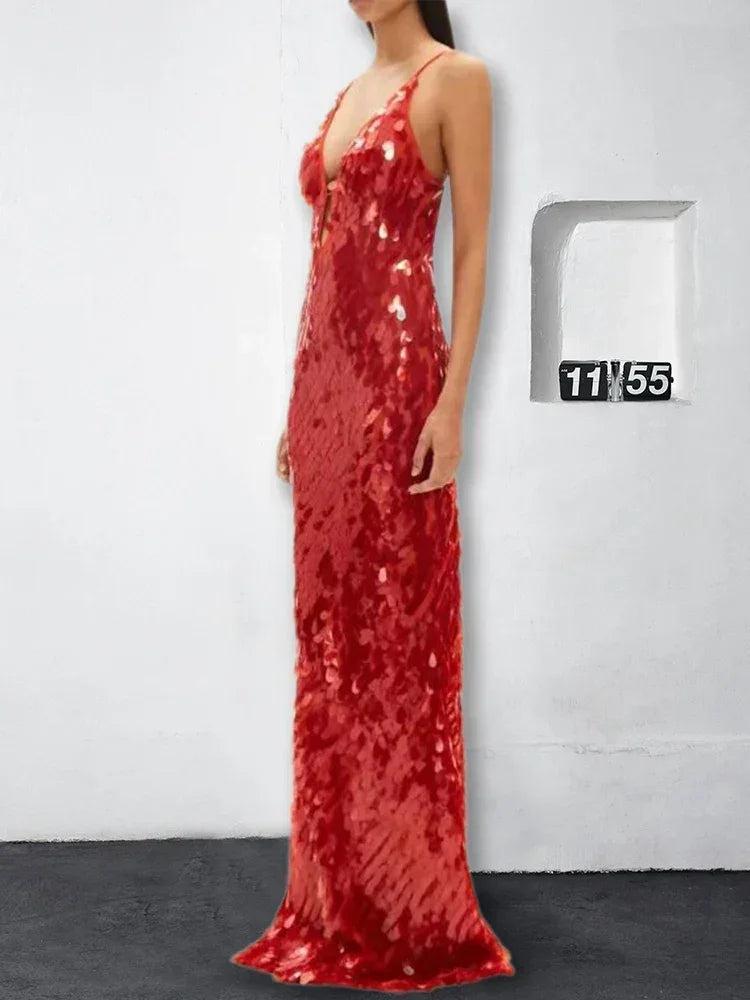 Robes longues Maxi élégantes à paillettes sans manches pour femmes, Robe longue de soirée unie à col en V profond et mode