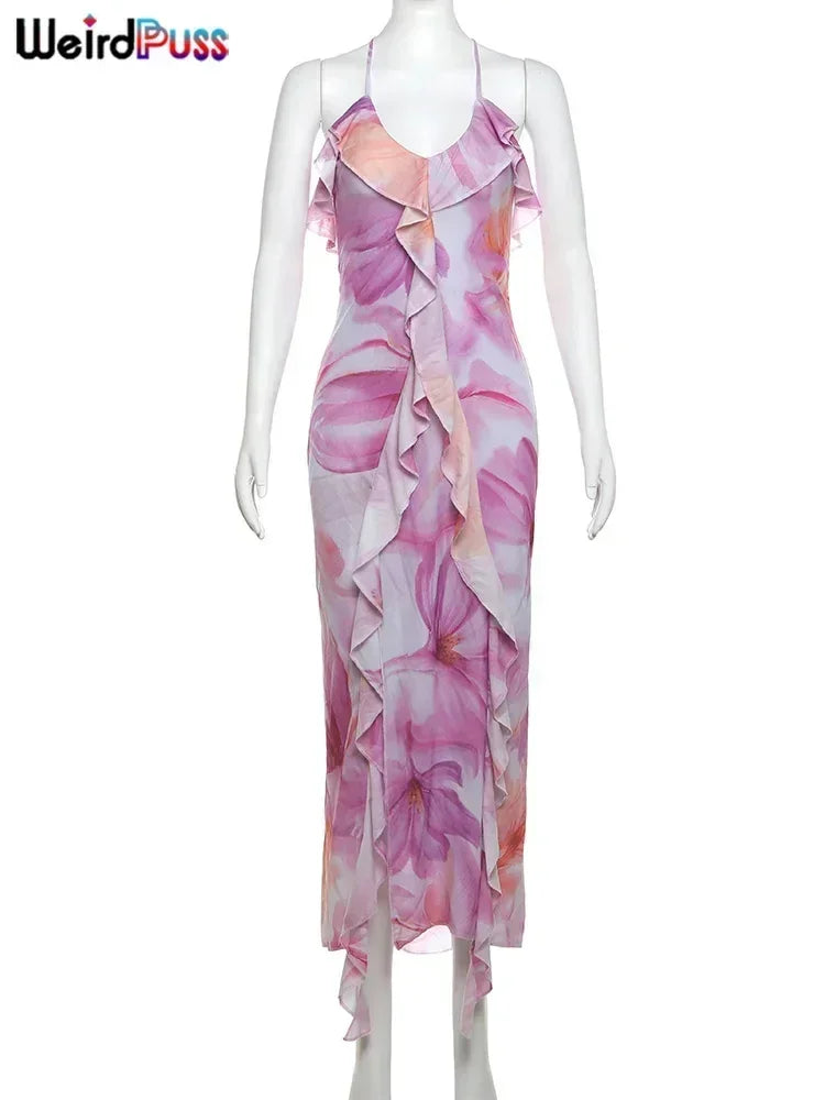 Robe Femme Weird Puss à Imprimé Floral Été Sans Bretelles Fentes Irrégulières Pompons Patchwork Dos Nu Bandage Fête Moulante Vestidos