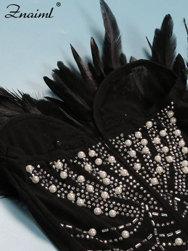 Znaiml Robes moulantes dos nu transparentes en maille diamantée avec strass et plumes sexy pour femme, boîte de nuit, fête d'anniversaire, soirée, Vestidos