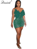 Znaiml Robes moulantes dos nu transparentes en maille diamantée avec strass et plumes sexy pour femme, boîte de nuit, fête d'anniversaire, soirée, Vestidos