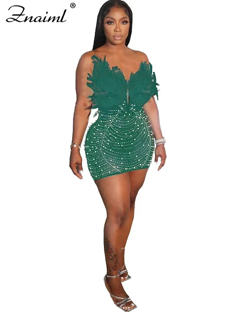 Znaiml Robes moulantes dos nu transparentes en maille diamantée avec strass et plumes sexy pour femme, boîte de nuit, fête d'anniversaire, soirée, Vestidos