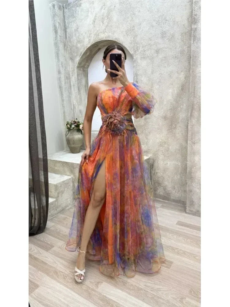 Robe longue en maille fendue haute à glissière asymétrique à épaule dénudée pour femme, robe de soirée à fleurs décoratives