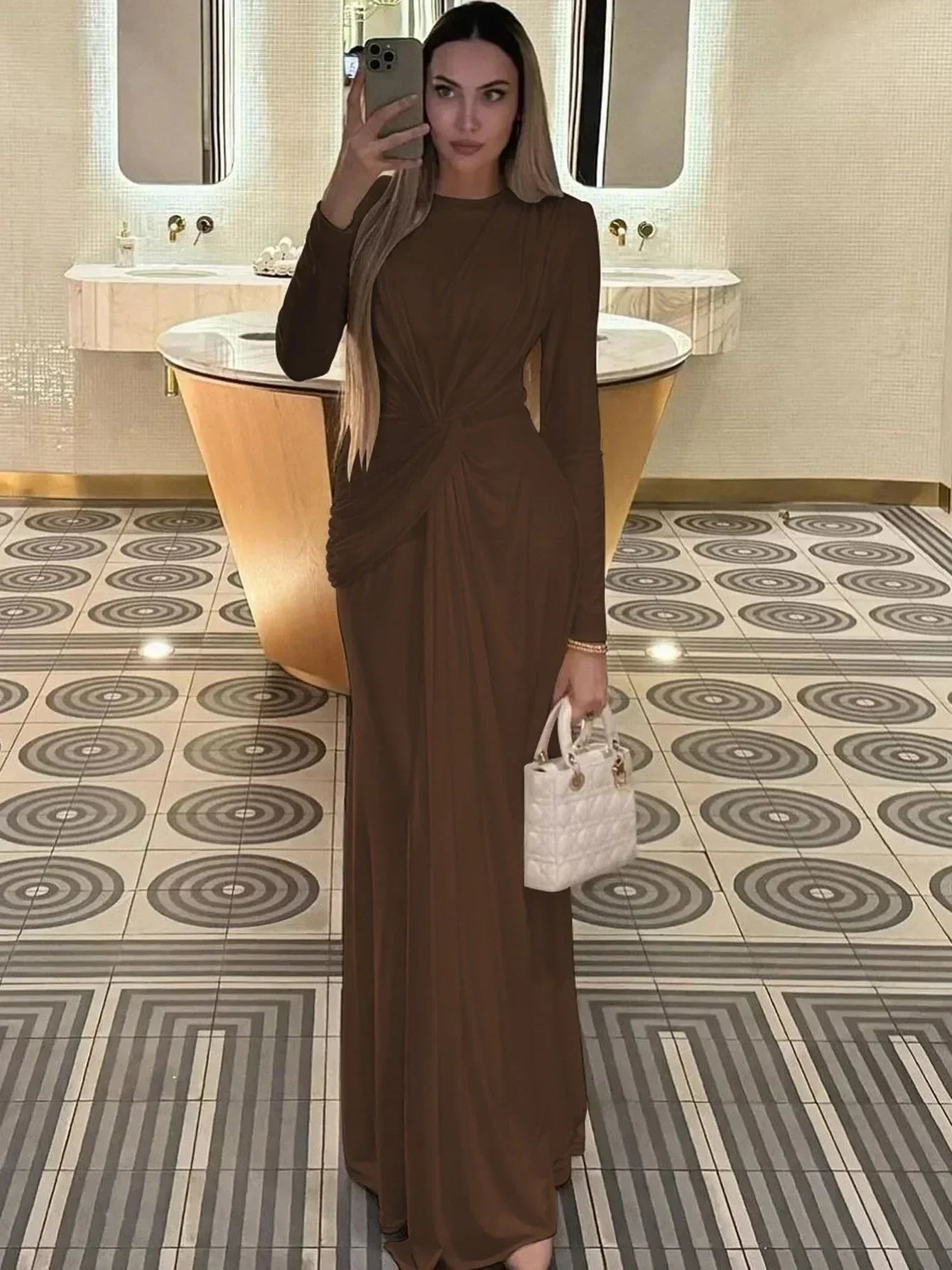 Robe longue Dulzura à manches longues et épaulettes, froncée, unie, élégante, pour bal de promo ou soirée, tenue d'automne et d'hiver pour femme