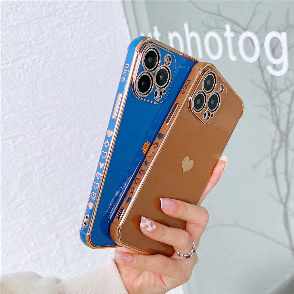 Étui de téléphone de luxe en silicone souple antichoc avec protection intégrale de l'objectif pour filles, étui de téléphone pour iPhone 14 13 12 Pro 12Mini, étui de téléphone antichoc élégant avec cœur d'amour pour femmes