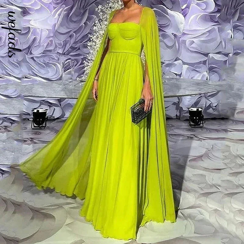 Wefads Robe longue maxi Femme Élégante Mode Unie Cape Manches longues Col carré Taille cintrée Dos nu Robe de soirée Streetwear