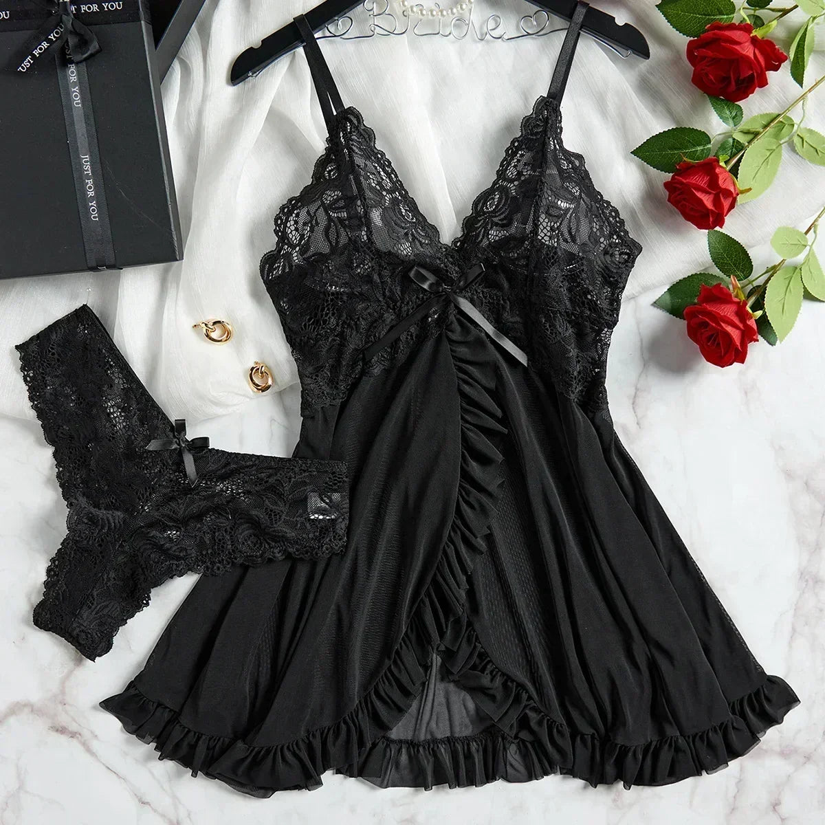 Ensemble de Lingerie Sexy Femme Soutien-gorge Érotique Chemise de Nuit Lingerie en Dentelle Sexy Vêtements de Nuit Couleur Unie Robes Fines et Douces Col en V Nuisette Complète et Robes