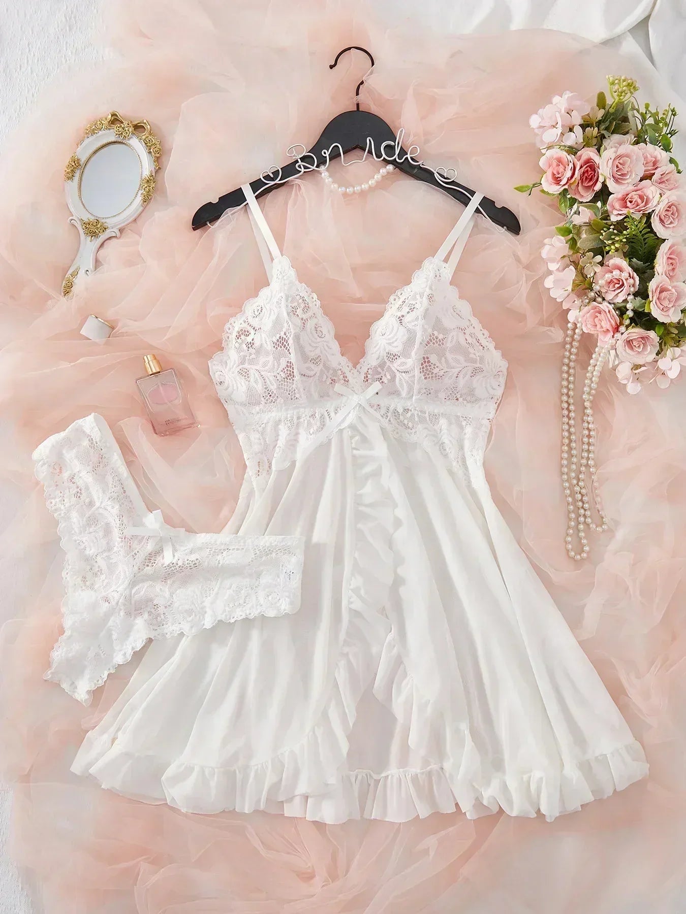 Ensemble de Lingerie Sexy Femme Soutien-gorge Érotique Chemise de Nuit Lingerie en Dentelle Sexy Vêtements de Nuit Couleur Unie Robes Fines et Douces Col en V Nuisette Complète et Robes