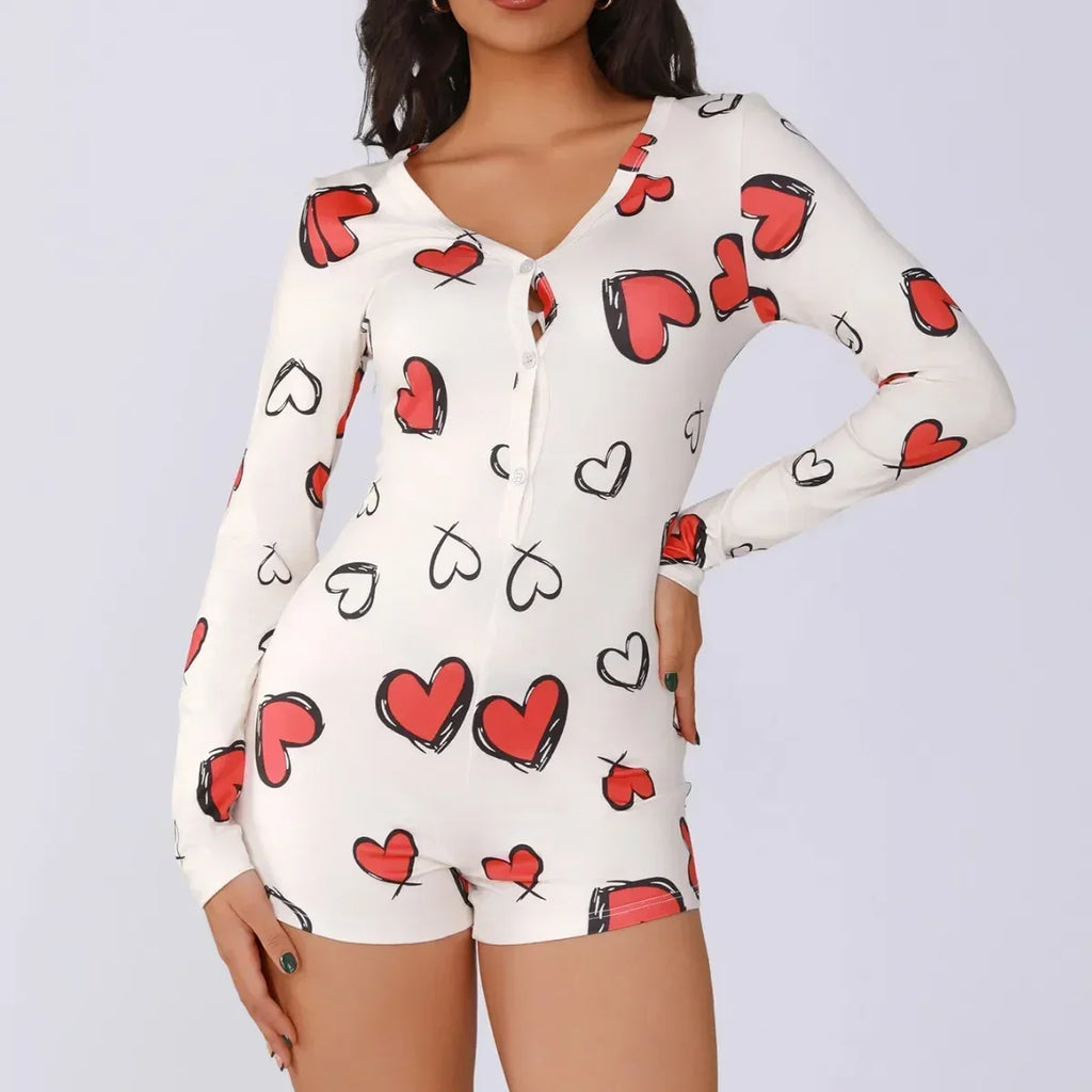 Combinaison une pièce pour femme, pyjama sexy pour fille, imprimé numérique cœur, ensemble manches courtes, short, vêtement d'intérieur
