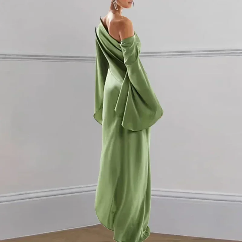 Robe sexy irrégulière unie à épaule oblique pour femme, robe longue élégante à col asymétrique sans dos, robes de soirée d'automne à manches évasées fendues