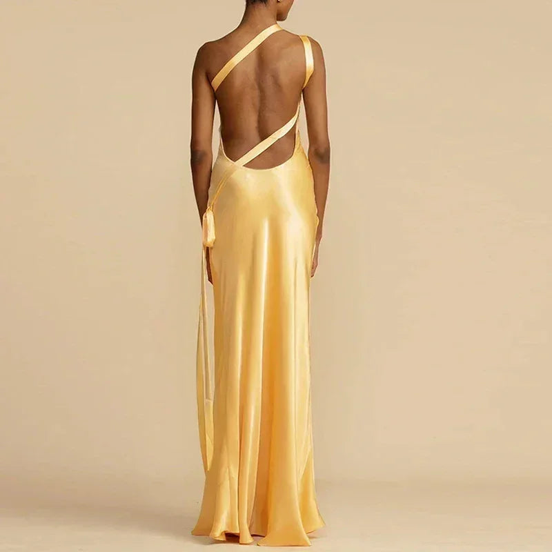 Robe de soirée sexy printemps 2024, épaule inclinée, taille haute, en satin, style bohème, longue, pour femme, dos nu, creuse, avec bandage, maxi