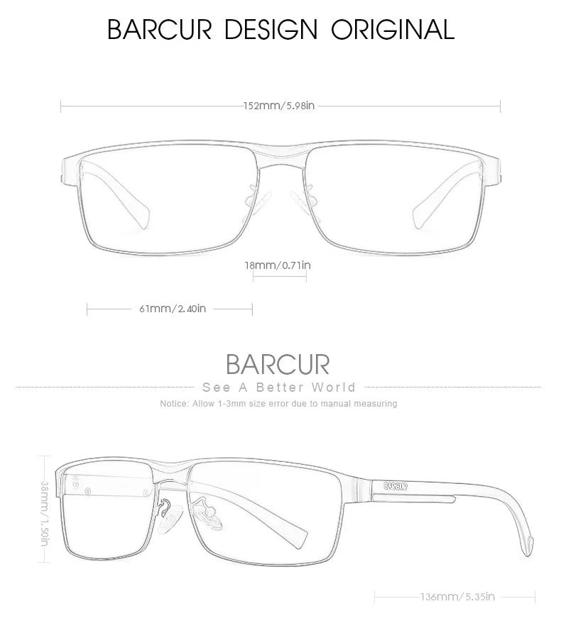 BARCUR Lunettes de Soleil Homme Rectangle Original Tendance Affaires – Polarisées Protection UV400 pour Conduite Randonnée Sports et Usage Quotidien – Lunettes Tendance Oculos De Sol avec Verres TAC Anti-Reflet