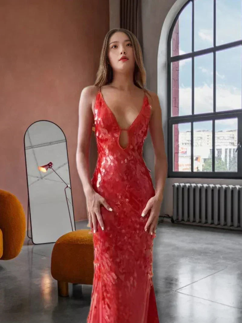 Robes longues Maxi élégantes à paillettes sans manches pour femmes, Robe longue de soirée unie à col en V profond et mode