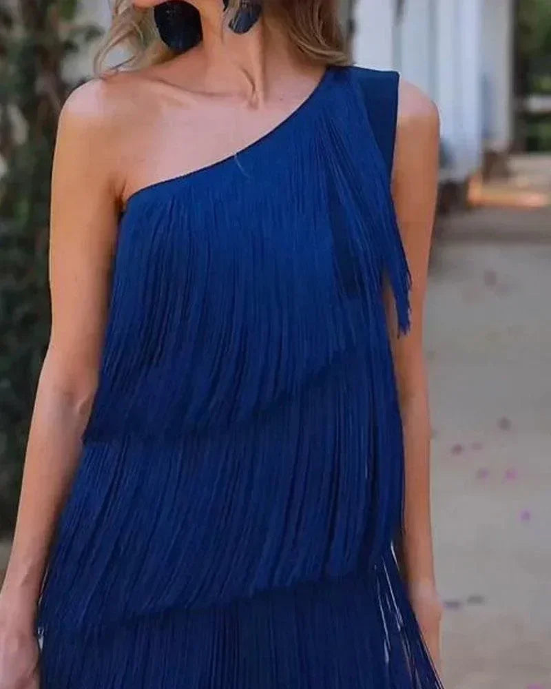 Robe asymétrique à franges, épaule dénudée, nouvelle collection Printemps-Été pour femme