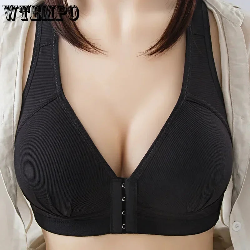 WTEMPO Soutien-gorge en coton grande taille fin sans armature avec boucle avant, sous-vêtement confortable et push-up, collection douce lingerie