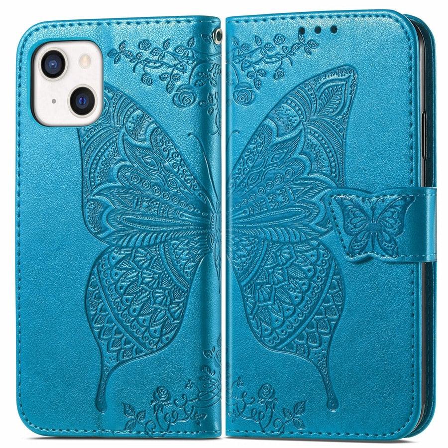 Étui Portefeuille de Luxe Rose Papillon Fleur pour iPhone 14 Pro Max 13 12 Classique Simple Cuir avec Porte-Cartes Béquille Dragonne Rabat pour iPhone