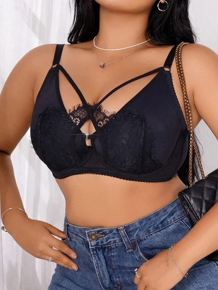 Lingerie grande taille pour femme, bonnets à demi-coupe, push-up à fronces, fermeture avant boutonnée, dentelle croisée, convient aux femmes pulpeuses XL-XXXL MR2895