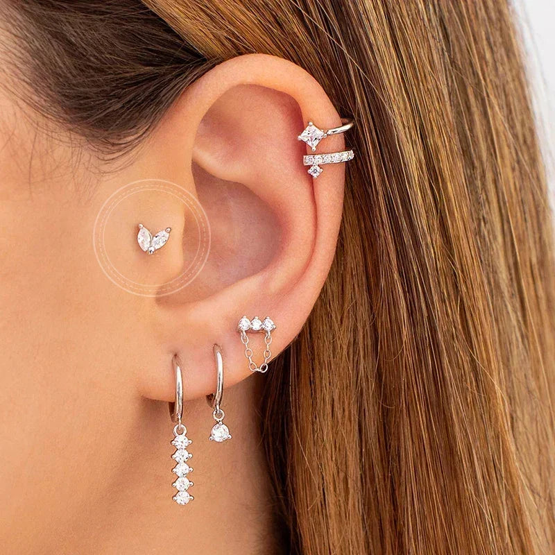 Boucles d'oreilles créoles tendance en argent sterling 925 avec aiguille d'oreille en cristal blanc de luxe pour femme, cadeau de bijoux de mariage