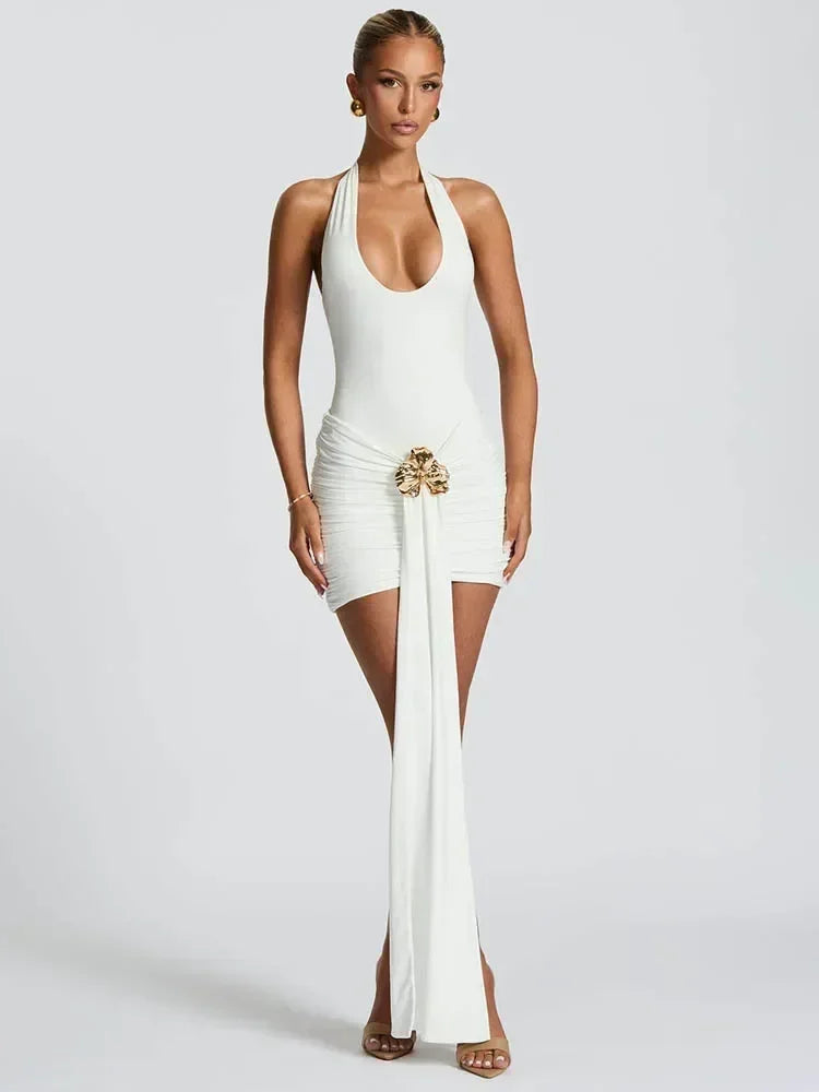 Mozision Robe Courte Métallique Plissée à Fleurs, Robe Sexy pour Femme, Mode Licou sans Bretelles Dos Nu Moulante, Robe de Soirée Club Nouvelle Collection