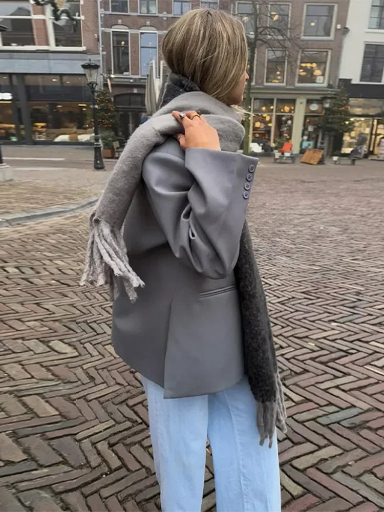 Veste de costume col V boutonnée sur le côté pour femme Manches longues couleur unie Manteaux Poignets poches Hauts oversize Vêtements féminins style urbain