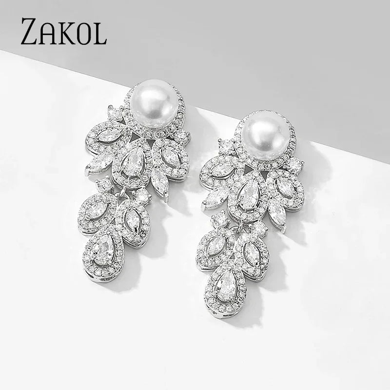 ZAKOL Nouvelle Mode CZ Zircon Cristal Feuille Dangle Boucles d'Oreilles pour Femmes Luxe De Mariage De Mariée Partie Bijoux