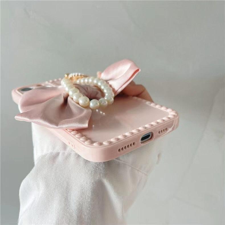Mignonne Coque de Téléphone Élegante Anti-chute en Perles et Nœud 3D pour iPhone 11 12 13 Pro Max 7 8 Plus Xr X Xs Se, Coque de Téléphone Idéale avec Chaîne de Perles et Nœud pour iPhone