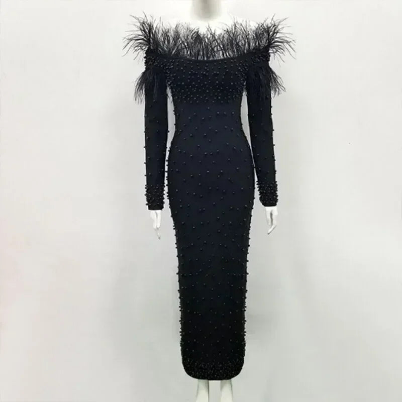 Robe Fourreau Sexy Perlée Femme Robe Midi Moulante Sexy Col Bateau Uni Taille Haute Tendance Robes de Soirée Fourreau Épaules Dénudées