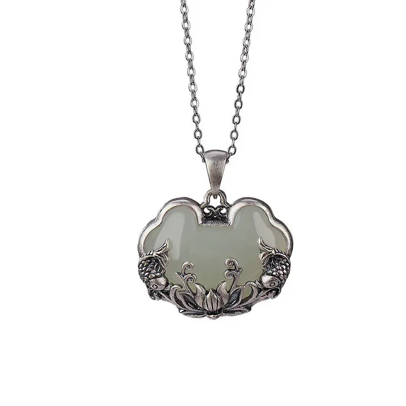 Collier en argent 925 avec pendentif Ruyi de style chinois rétro en jade Hotan naturel en forme de poisson et fleur de lotus, chaîne de clavicule.