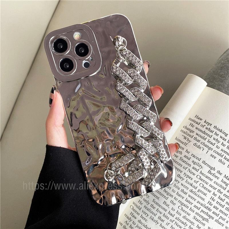 Bracelet Électroplaqué Plaqué Or de Luxe Compatible avec Coque iPhone Diamant Mignonne Étincelante de Luxe Paillettes Strass Coque Téléphone Pour iPhone 14 13 Promax 11 12 Pro Max Mini Xs Max XR 8 7 Plus Housse Miroir
