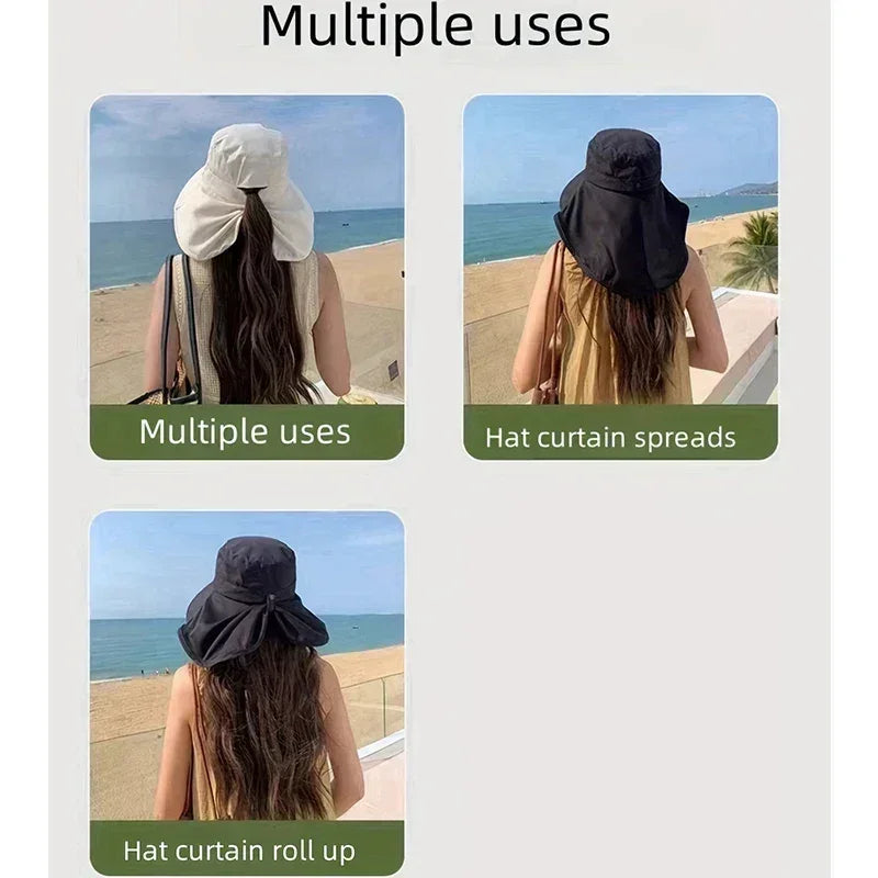 Nouveau chapeau de soleil queue de cheval avec grand bord visière protection cou femme chapeau de pêcheur chapeau d'extérieur