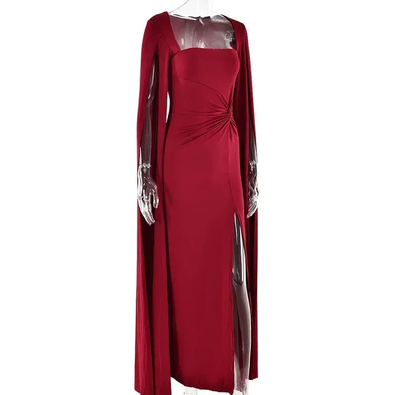 Mozision Robe longue fendue à manches cape pour femme, élégante robe de soirée longue à col carré, couleur unie, nouvelle collection