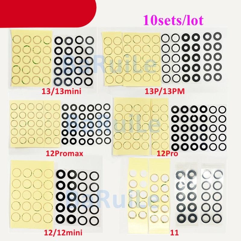 10 ensembles de lentilles en verre pour caméra arrière avec colle pour iPhone 11 12 13 Pro Max 13 Mini 14 14P, pièce de rechange pour réparation de lentille de caméra pour iPhone