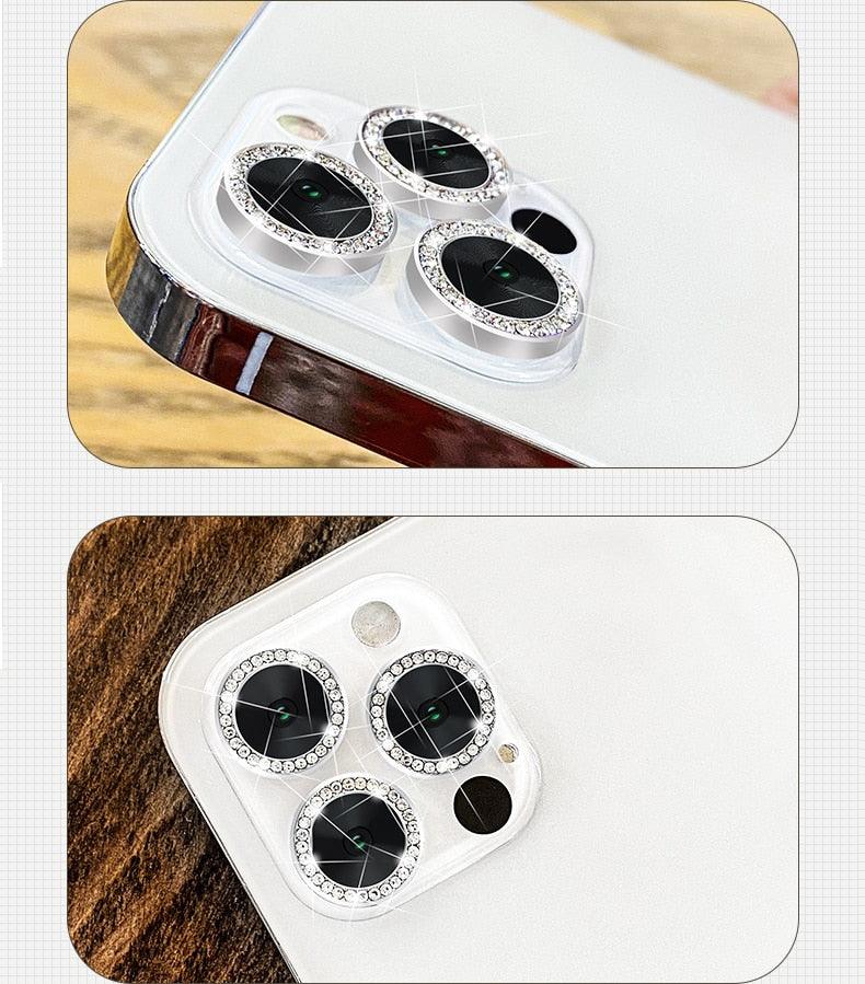 Verre trempé avec anneau métallique, strass et paillettes pour appareil photo iPhone 11 12 13 14 Pro Max Mini Plus, protection d'objectif à couverture complète 9H, protection d'objectif en verre trempé avec anneau métallique unique à couverture complète