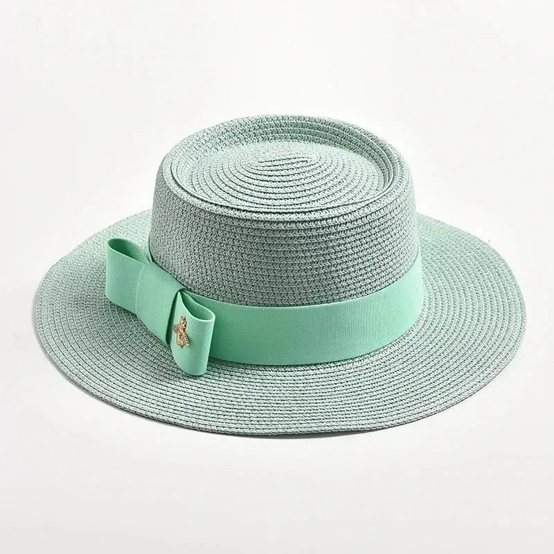 NOUVEAUX Chapeaux de paille Printemps Été pour femmes Surface ronde bosselée Dessus plat Nœud Papillon Robe Casquette Voyage Plage Soleil Chapeau Gorra
