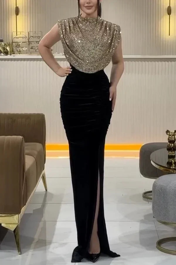 Robe longue élégante à taille haute, robe de soirée décontractée à col rond sans manches pour femme, drapée fendue, épissure à sequins, nouvelle collection 2025