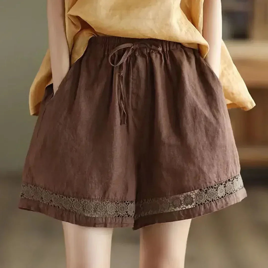 Short en coton et lin vintage taille haute élastique avec ceinture à nouer, brodé ajouré et coupe droite décontractée