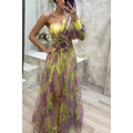Robe longue en maille fendue haute à glissière asymétrique à épaule dénudée pour femme, robe de soirée à fleurs décoratives