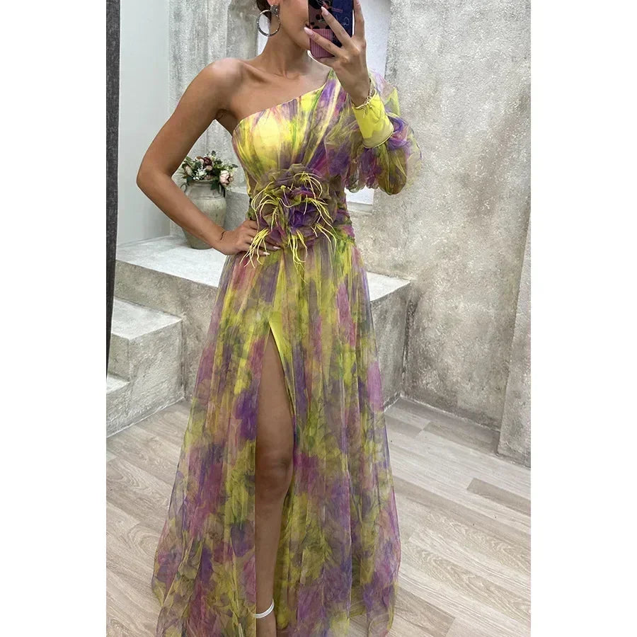 Robe longue en maille fendue haute à glissière asymétrique à épaule dénudée pour femme, robe de soirée à fleurs décoratives