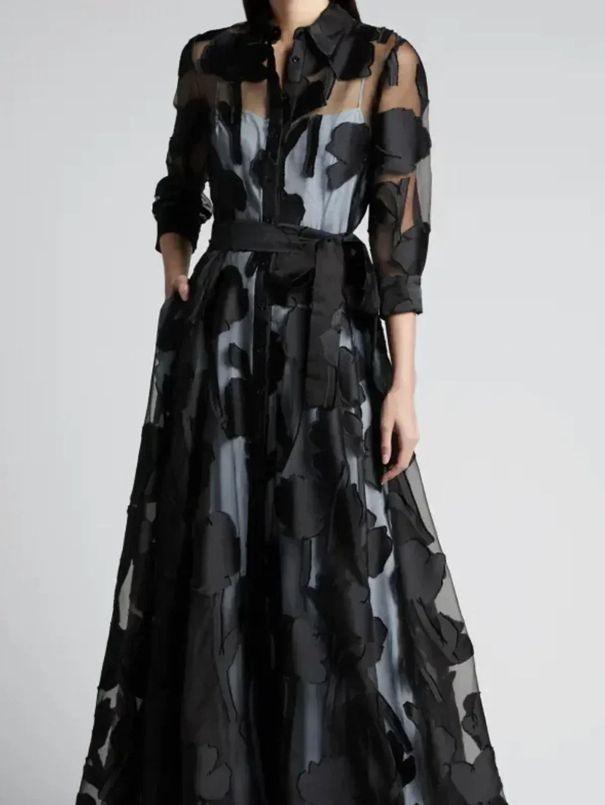 Élégante Robe Longue en Maille Jacquard Transparente à Manches Trois-Quarts et Nœud à la Taille sans Doublure pour Soirée Club Femme