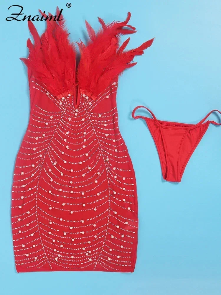 Znaiml Robes moulantes dos nu transparentes en maille diamantée avec strass et plumes sexy pour femme, boîte de nuit, fête d'anniversaire, soirée, Vestidos