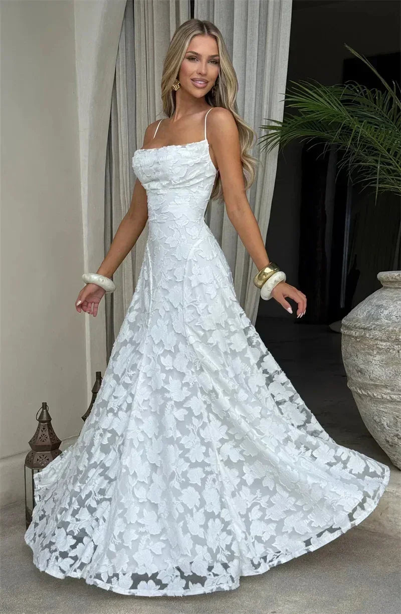 Mozision Robe longue sexy dos nu à fines bretelles pour femme, robe de soirée élégante épaules dénudées sans manches avec lacets pour club et soirée
