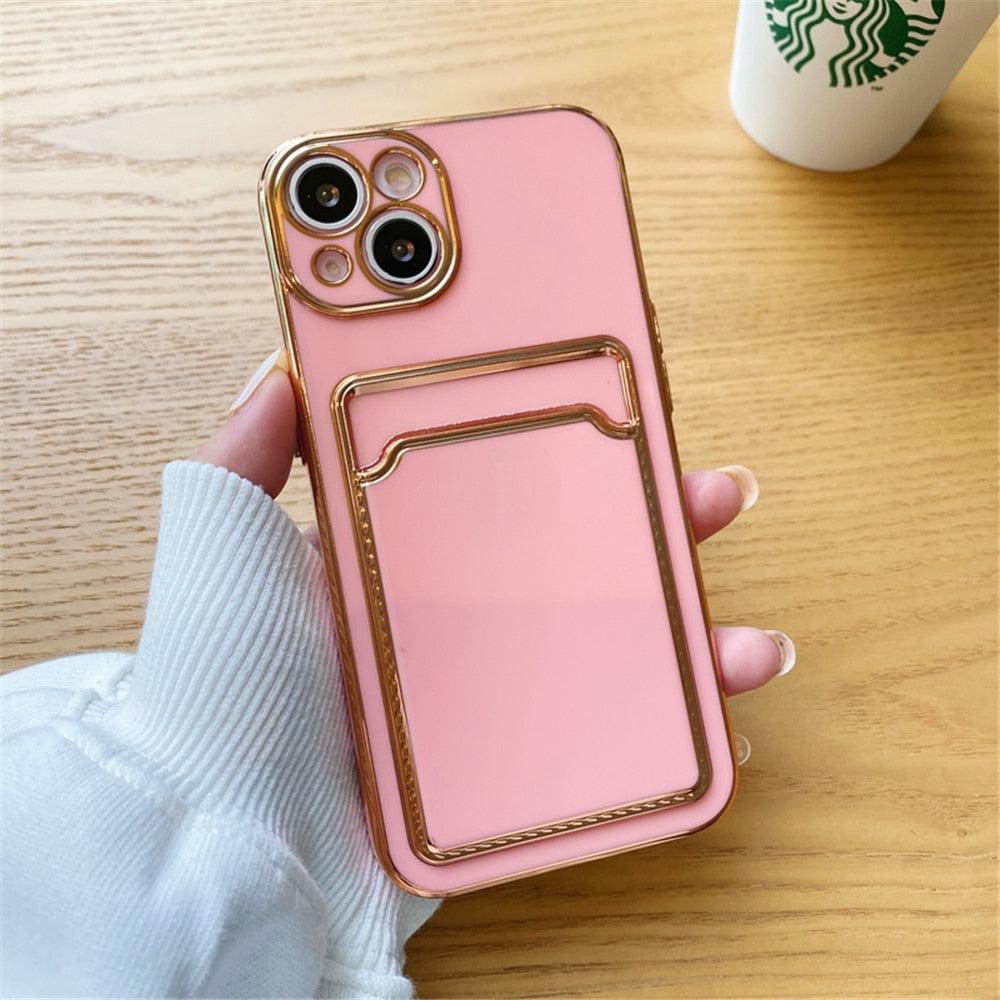Étui de luxe plaqué en silicone avec porte-cartes pour iPhone 14 12 13 Pro Max Élégant pour femme Étui portefeuille souple antichoc Bords souples Magnifique étui pour smartphone brillant pour femme