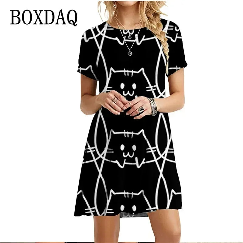 Robe imprimée chats peints, manches courtes, style kawaii pour femme, collection été 2022, col rond, décontractée, ample