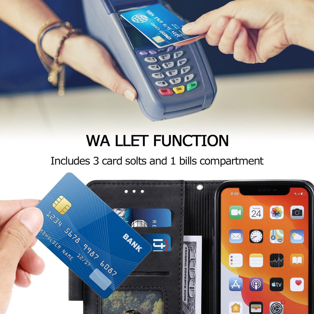 Étui portefeuille de luxe en cuir magnétique à rabat pour iPhone 14 13 12 Mini 11 Pro SE, avec porte-cartes, béquille, fentes pour cartes et argent, protection intégrale à 360°