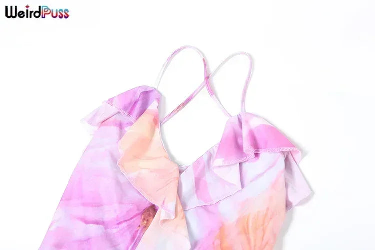 Robe Femme Weird Puss à Imprimé Floral Été Sans Bretelles Fentes Irrégulières Pompons Patchwork Dos Nu Bandage Fête Moulante Vestidos