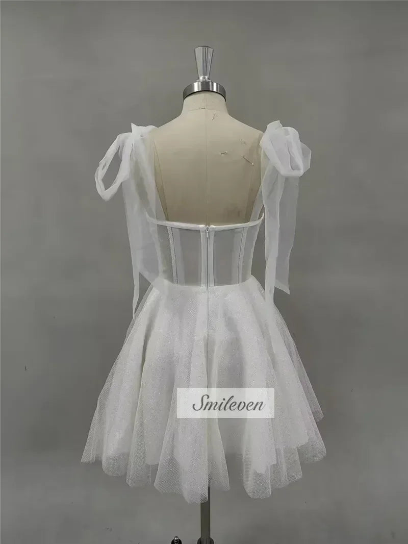 Robe de mariée courte Smileven, coupe trapèze, bustier cœur, paillettes brillantes, mini-nœuds, bretelles, Vestido de novia 2024, personnalisée