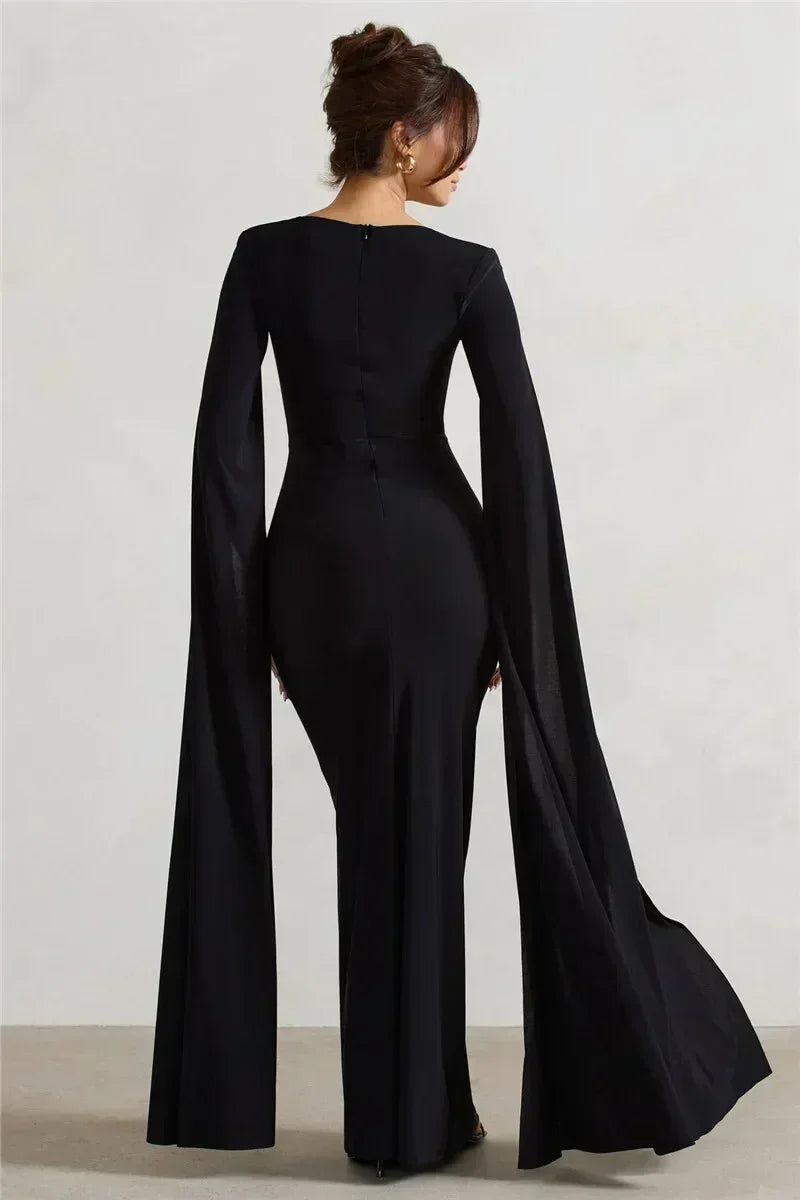 Mozision Robe longue fendue à manches cape pour femme, élégante robe de soirée longue à col carré, couleur unie, nouvelle collection