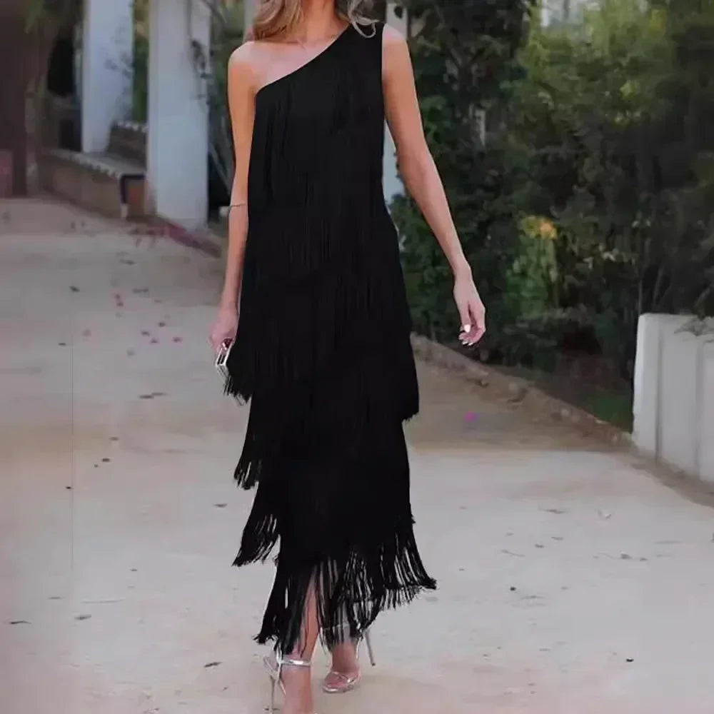 Robe asymétrique à franges, épaule dénudée, nouvelle collection Printemps-Été pour femme
