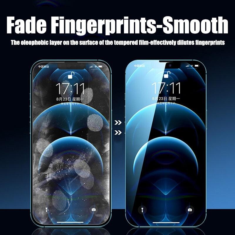 Verre trempé de protection d'écran à couverture complète 4 pièces pour iPhone 11 12 13 14 Pro Max, protecteur d'écran pour iPhone 6 7 8 Plus X Xr Xs Max, Film en verre trempé de protection bord à bord, compatible avec les coques.