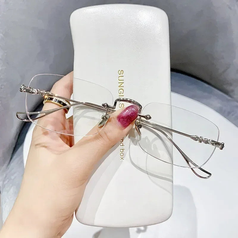 Nouvelles Lunettes de Myopie Photochromiques Tendance Vintage Sans Monture Carrées Femme Homme Anti Lumière Bleue UV Lunettes de Soleil Optiques Dioptre